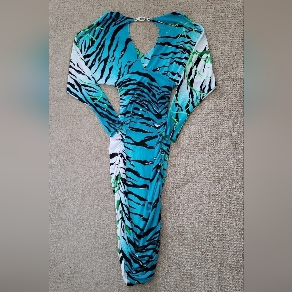 Unaluna Rare Ruched Keyhole Chain Long Sleeve Midi Zebra Tropical Blue Dress